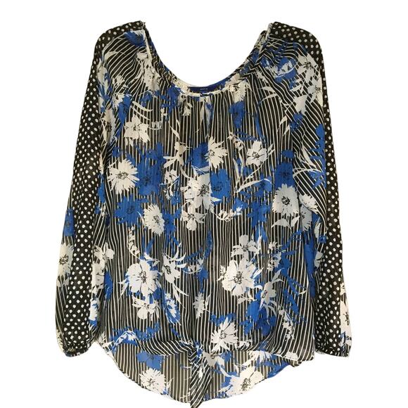 Apt. 9 Large Tie Front Long Sleeve, Stripes Blue & White Floral Sheer Blouse - Picture 1 of 3